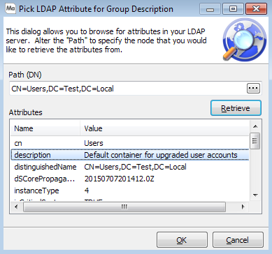 This image shows the Pick LDAP Attribute for Group Description dialog with the list of attributes for Users displayed.